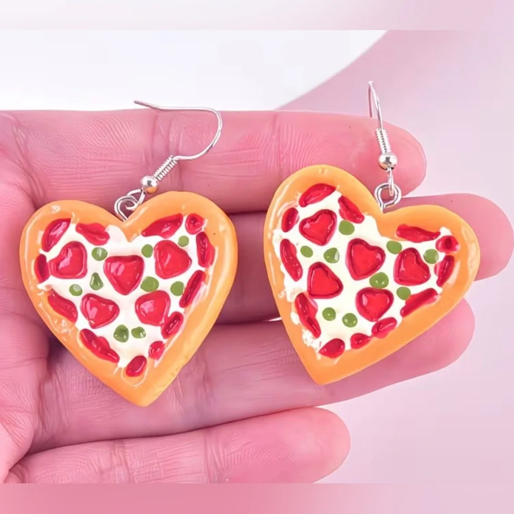 🌟HOST PICK!🌟 PIZZA MY HEART 🍕💕 Resin Heart-Shaped Pizza Statement Earrings - Picture 2 of 5